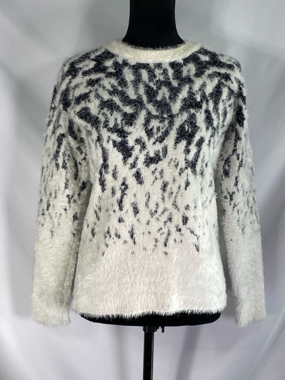 Women's Fuzzy Crew Neck Sweater Cream with Black Zebra Pattern Size Small 1State